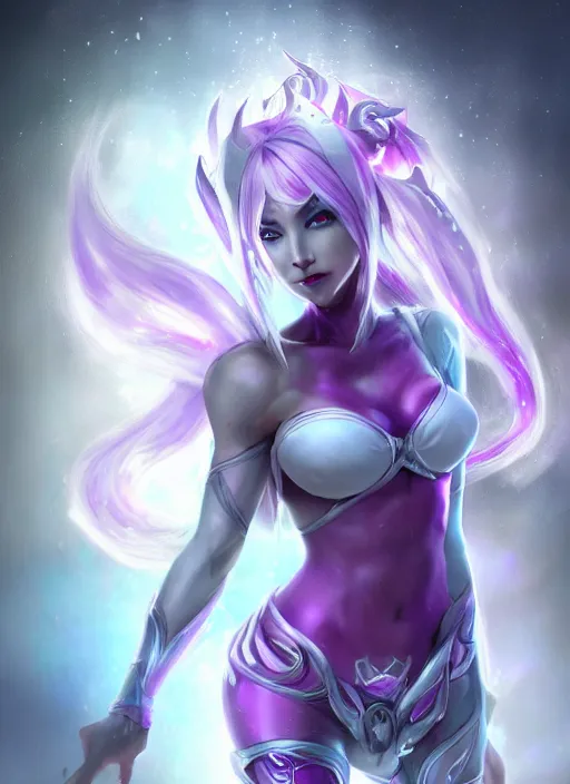 Image similar to smiling syndra, from league of legends, white hair, purple magic, hyper detailed, digital art, au naturel, with abs, trending in artstation, cinematic lighting, studio quality, smooth render, unreal engine 5 rendered, octane rendered, art style by klimt and nixeu and ian sprigger and wlop and krenz cushart