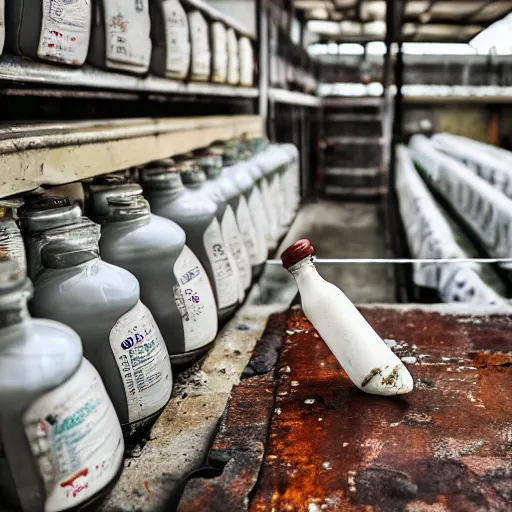 Prompt: bottle of milk, over a rusted metal table inside slaughterhouse