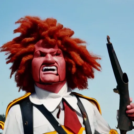 Image similar to ultrarealistic photograph of ronald mcdonald as a soldier in the battle of thermopylae, colorized, damaged