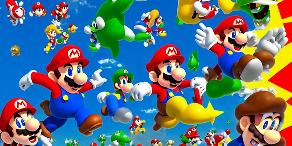 Image similar to Still of Super Mario Brothers movie adaptation in the style of Michael Bay cinematic, technicolor, intense, fantasy