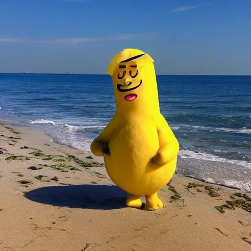 Image similar to a lemon cartoon character, that is muscular, is relaxing on a beach, inspired by dalle - 2