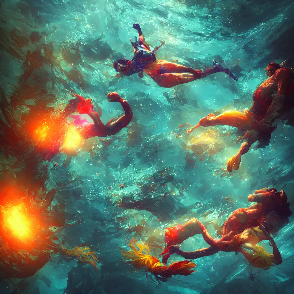 Prompt: man underwater floating, vivid colors, sharp focus, digital art, Unreal Engine, Dramatic Lighting by Brom, trending on Artstation