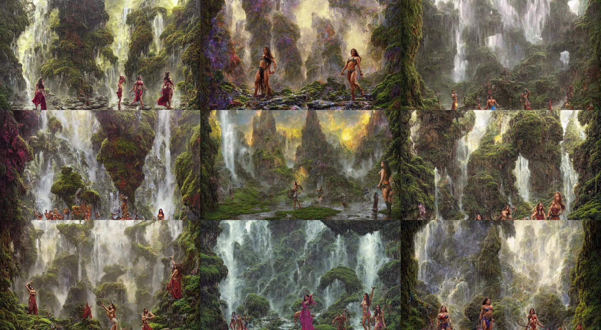 Prompt: portrait of mila kunis as a bodybuilder warrior standing in a busy cobbled street, bright colors, sparkles, light rain, moist mossy white stones, mist from waterfall, cave glowing stones, epic composition, donato giancola, tim hildebrandt, wayne barlow, bruce pennington, larry elmore