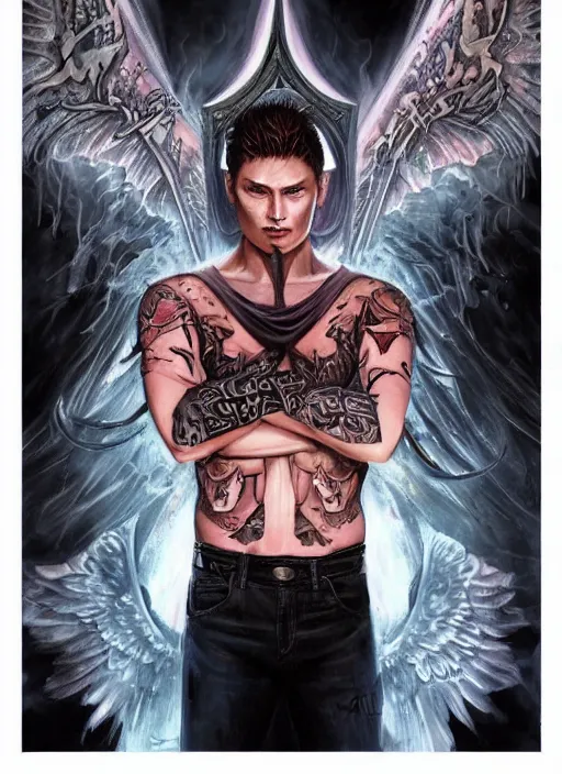 Image similar to Dean Winchester as an angel with religious tattoos on chest and neck, with glowing runes on the body, grimdark book cover style, D&D dark fantasy style, sharp focus, ultra detailed, art by Artgerm and Peter Andrew Jones, Ayami Kojima, Amano and Olivier Ledroit