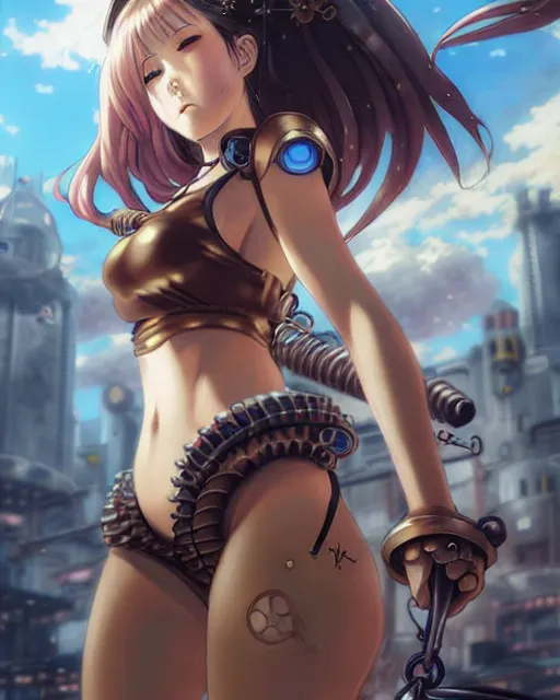Image similar to portrait Anime Girl in bikini armor steampunk cute-fine-face, pretty face, realistic shaded Perfect face, fine details. Anime. Bioshock steampunk realistic shaded lighting by katsuhiro otomo ghost-in-the-shell, magali villeneuve, artgerm, rutkowski Jeremy Lipkin and Giuseppe Dangelico Pino and Michael Garmash and Rob Rey