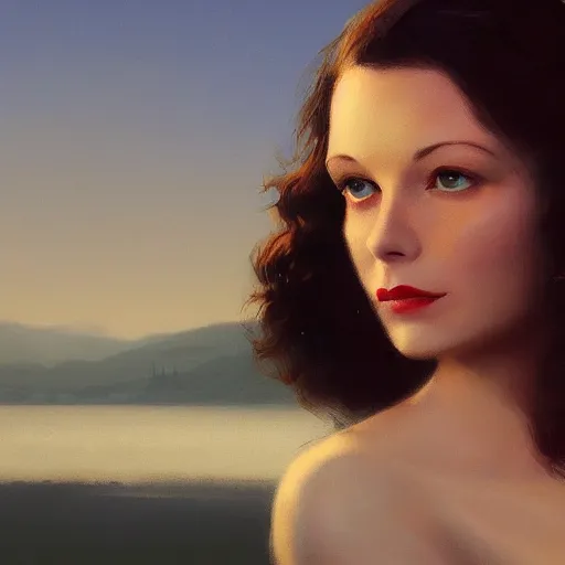 Prompt: a closeup portrait of a young vivian leigh, lake background, gorgeous view, sunset, film noir, serene, high detail, depth, masterpiece by greg rutkowski, digital art, trending on artstation