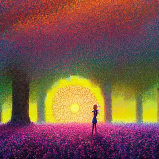 Image similar to girl of flowers, standing in a flower field, big trees, sunrise dramatic light, impressionist painting, colorful clouds, digital painting, pointillism, artstation, simon stalenhag