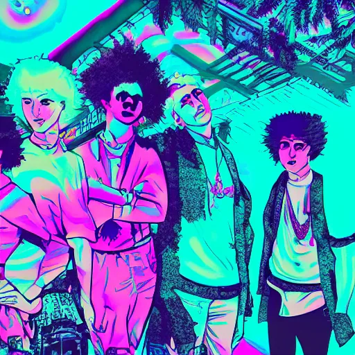 Image similar to group of frends vibing, vaporwave style, magenta cyan, psychedelic