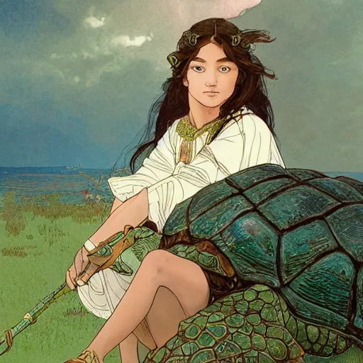 Image similar to a little warrior girl sitting on top of one giant turtle with a wise face looking at her. the girl has dark skin and beautiful green eyes, realistic full body and a very beautiful detailed symmetrical face with long black hair. diffuse light, dramatic sky and landscape, long shot fantasy illustration by mucha