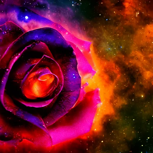 Prompt: award - winning macro of a beautiful black rose made of molten magma and colorful nebulae on black background by harold davis, georgia o'keeffe and harold feinstein, highly detailed, hyper - realistic, inner glow, trending on deviantart, artstation and flickr, nasa space photography, national geographic