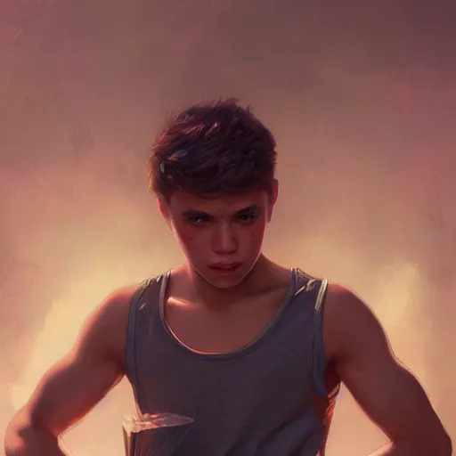 Prompt: photography of teenage boy in tanktop, deep focus, d & d, fantasy, intricate, elegant, highly detailed, digital painting, artstation, concept art, matte, sharp focus, illustration, hearthstone, art by artgerm and greg rutkowski and alphonse mucha