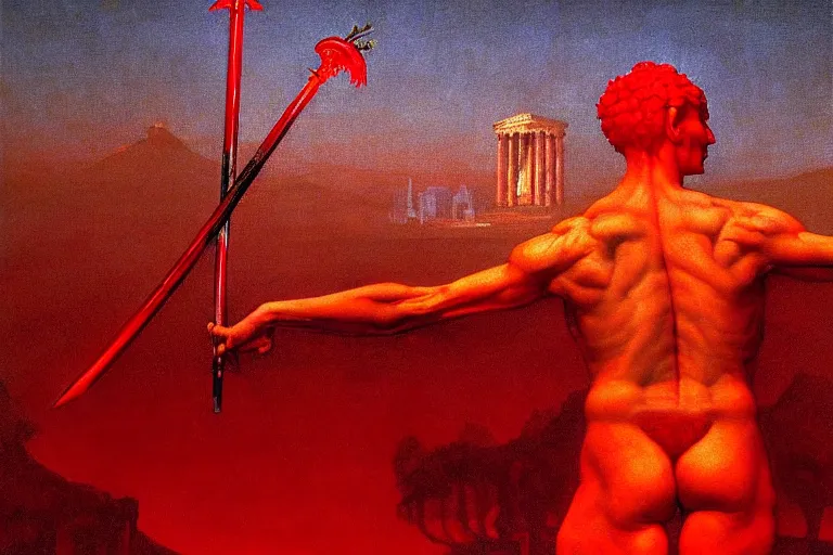 Image similar to only with red, a red melted apollo with a laurel wreath and a flaming sword announce win, athens in background, in the style of beksinski, parts by edward hopper, parts by rodcenko, parts by yue minjun, intricate and epic composition, red by caravaggio, insanely quality, highly detailed, masterpiece, red light, artstation, 4 k