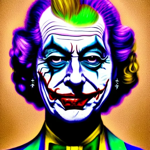 Prompt: An extremely psychedelic portrait of Queen Elizabeth as the Joker, surreal, LSD, face, detailed, intricate, elegant, lithe, highly detailed, digital painting, artstation, concept art, smooth, sharp focus, illustration