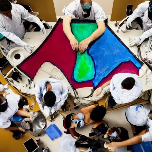 Prompt: A beautiful installation art of a team of surgeons gathered around a patient on an operating table, with one surgeon in the process of cutting into the patient\'s chest. The installation art is full of intense colors and brushstrokes, conveying the urgency and intensity of the surgery. aerial view, cubic zirconia by Charles Angrand perspective