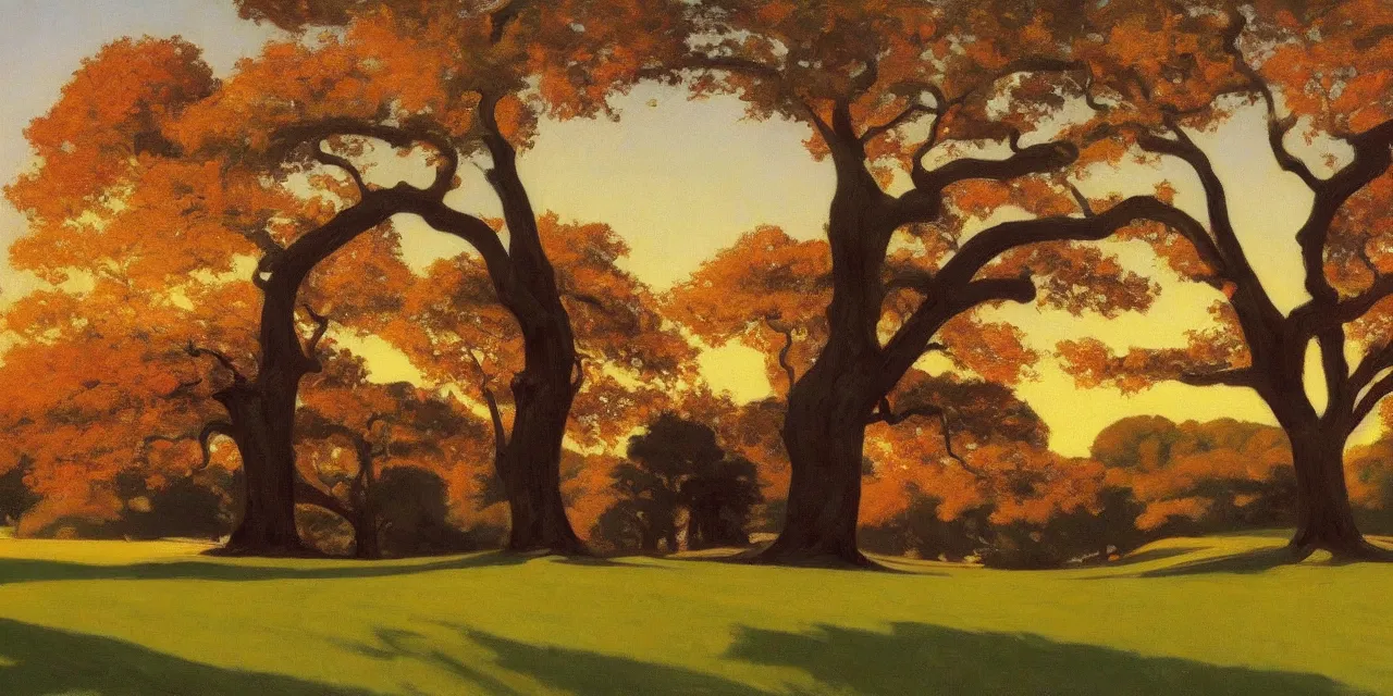 Prompt: a beautiful, stunning landscape with a giant oak tree in the fall during sunset by edward hopper and craig mullins and