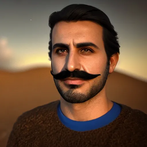 Prompt: real life photo of a Syrian man, short dark hair, goatee and moustache, blue watery eyes, full round face, short smile, serene desert setting, cinematic lightning, medium shot, mid-shot, highly detailed, trending on artstation, Unreal Engine 4k, 80mm, 85mm, cinematic wallpaper