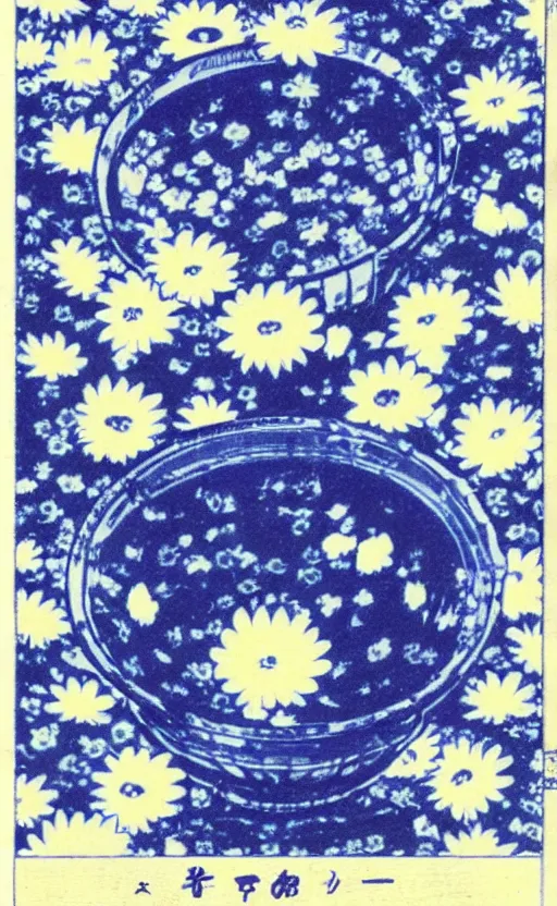 Prompt: by akio watanabe, manga art, chrysanthemum flower inside blue and white japanese sake cup, trading card front