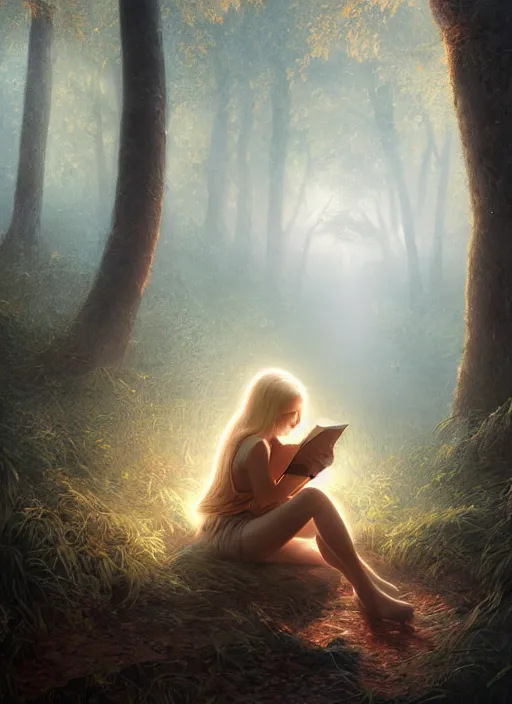 Image similar to portrait, blond girl sits in mystical misty forest, reading under a tree, fireflies, dramatic lighting, cinematic, establishing shot, extremly high detail, foto realistic, cinematic lighting, post processed, concept art, artstation, matte painting, style by eddie mendoza, raphael lacoste, alex ross