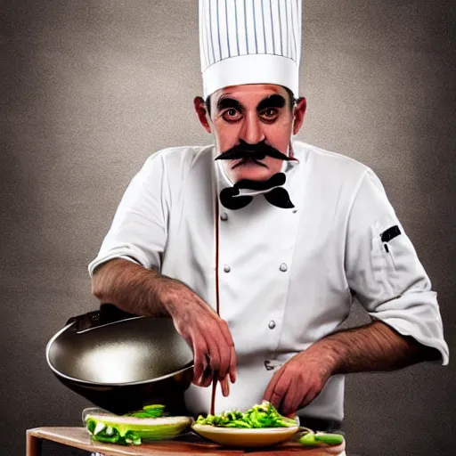 Prompt: italian chef with black mustache cooking food oil painting high quality highly detailed photo realistic 8 k octane render blender