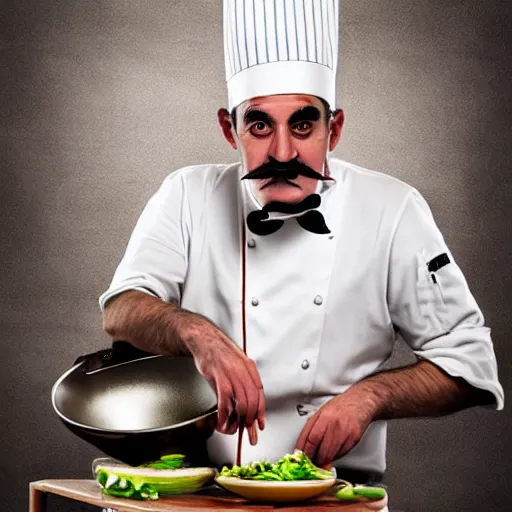 Image similar to italian chef with black mustache cooking food oil painting high quality highly detailed photo realistic 8 k octane render blender