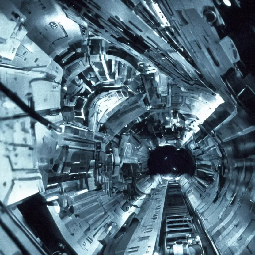 Image similar to film still of a narrow vent shaft tube on a space ship freighter, ridley scott movie, 1 9 8 0 s dark sci - fi, claustrophobic, long tube, machinery,