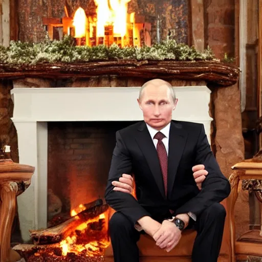 Image similar to vladimir putin in a waistcoat staring at a log fire photograoh