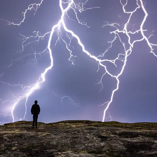 Prompt: a man stands alone on the top of a giant mountain while lighting strikes the ground, amazing photo, 8k,