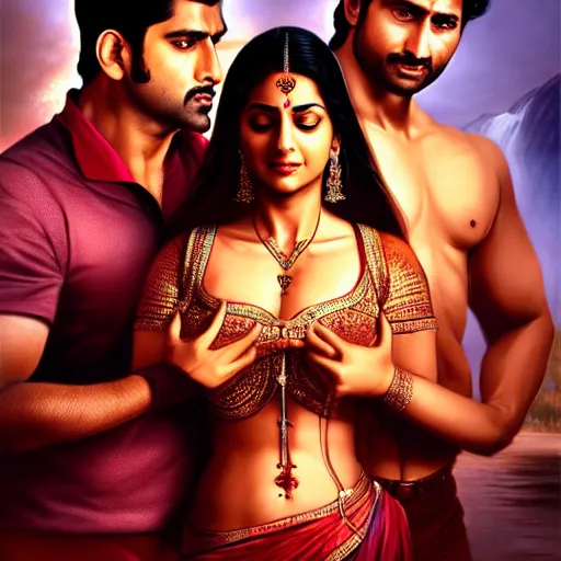 Image similar to perfectly centered bollywood movie promotional poster of anatomically correct hero and heroine intimate romantic pose, faces symmetrical ; real life portrait, ultra realistic, high coherence, intricate, hdr, highly detailed, photorealistic, octane render, 8 k, unreal engine ; art by artgerm, greg rutkowski, charlie bowater