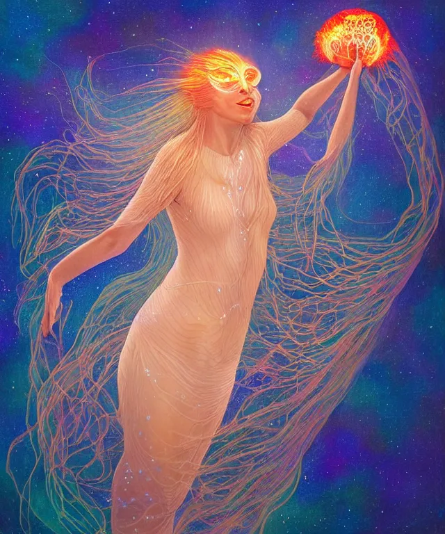 Image similar to portrait of a levitating floating in space goddess mermaid with (reaction diffusion) scaled fish skin Bioluminescent phoenix jellyfish, phoenix fire, chimera, energy rays, Her breath shot a haze of steam out into the frosty morning air concept, soft light, soft mood, realistic body features and face, illustration,intricate ornament halo, painting oil on canvas by Elena Zhurikhina and Goro Fujita and Charlie Bowater, octane render trending on artstation, 4k, 8k, HD