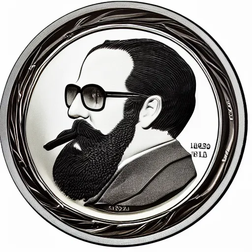 Image similar to A photograph of an unwrapped high quality swiss chocolate coin that is engraved with a portrait of a young bearded leon redbone smoking a cigar, highly detailed, close-up product photo, depth of field, sharp focus, appetizing, foil nearby