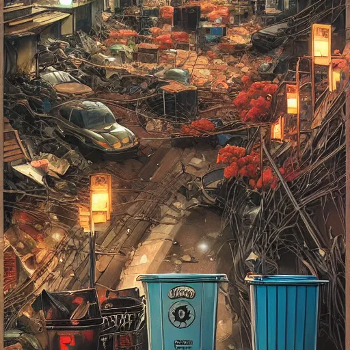 Image similar to trashcans and dumpsters + garbage, rotary symmetrical, dynamic lighting, darker intense, detailed, by bambang nurdianshyah, garis edelweiss, roby dwi antono and dan mumford, ayami kojima, takato yamamoto, barclay shaw, karol bak, yukito kishiro, norman rockwell