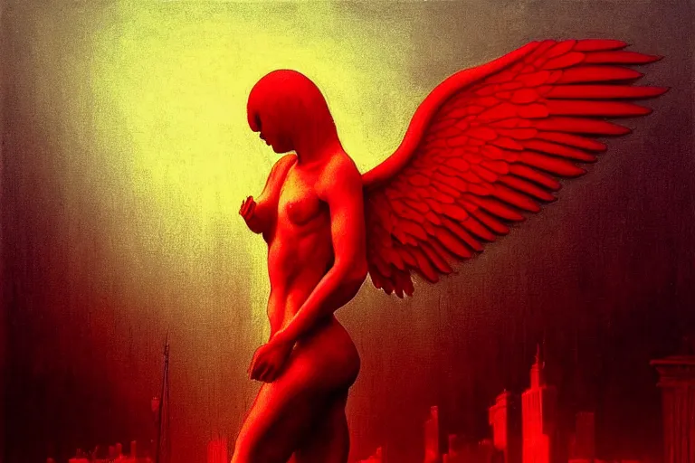 Image similar to only with red, a red angel announce the win, at the gates of a rich renaissance city. inthe background, pathos, in the style of beksinski, part by hopper, part by rodcenko, part by hofbauer, intricate composition, red by caravaggio, insanely quality, highly detailed, masterpiece, red light, artstation