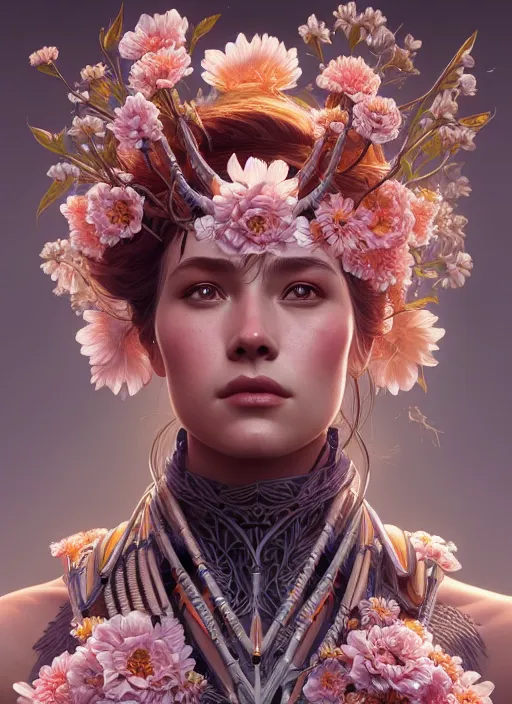 Image similar to symmetry!! portrait of floral! horizon zero dawn machine, intricate, elegant, highly detailed, digital painting, artstation, concept art, smooth, sharp focus, illustration, art by artgerm and greg rutkowski and alphonse mucha, 8 k