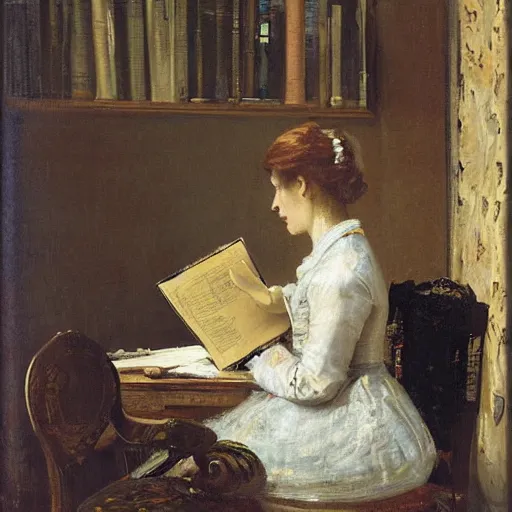 Image similar to woman reading a construction manual by alfred stevens