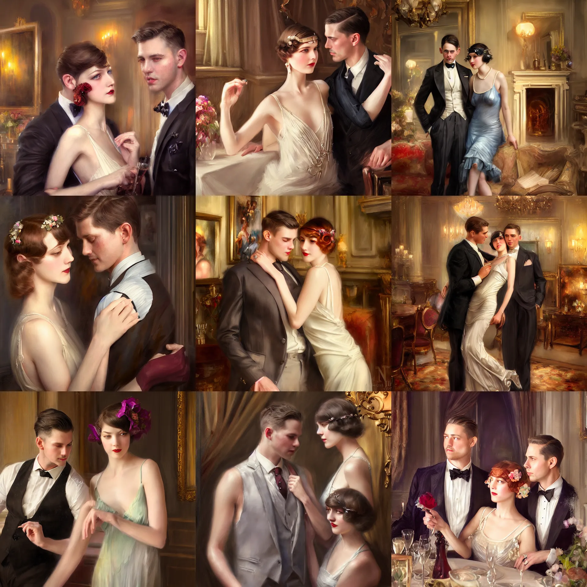 Prompt: daniel gerhartz and artgerm and wlop detailed hyper realistic portrait digital painting of a 1 9 2 0 s beautiful couple at a party in a mansion, mansion interior in the background, unreal engine, hyper realism, realistic shading, cinematic composition, blender render, octane render, hdr, detailed textures, photorealistic, 3 5 mm film