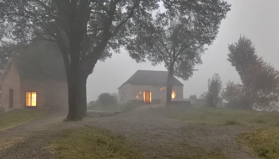 Image similar to mini dv camera footage of a heavy burning french style little house, heavy rain, foggy, in a small northern french village, heavy grain, very low quality, high detail, dramatic light