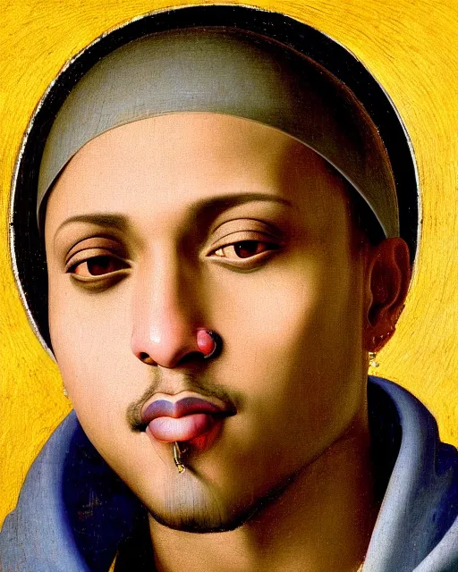 Image similar to rapper juice wrld legend rockstar smiling with a yellow halo above his head by fra angelico renaissance painting