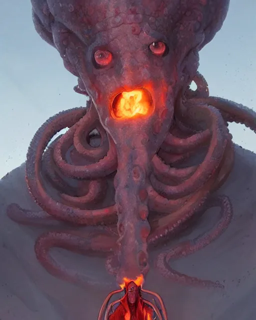 Image similar to tentacled [ squidward ], detailed face, wearing fire nation clothing and practicing firebending outside at susnset, [ greg rutkowski ]