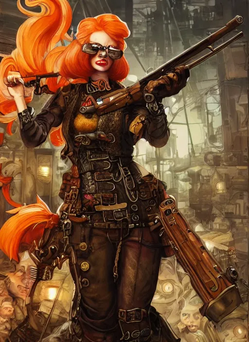 Prompt: 8K, realistic ginger Lady Mechanika in a Comic Book cover, holding a shotgun, and wearing victorian goggles in a ultradetailed Steampunk scenary, by Artgerm and Peter Andrew Jones Katsuhiro Otomo, trending on artstation, featured in Deviantart, Wallpaper, sharp focus, D&D, detailed, intricate, cinematic lighting,