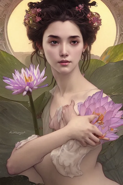 Image similar to close up portrait of goddes of waterlily, digital illustration, dramatic lighting, by artgerm and greg rutkowski and alphonse mucha