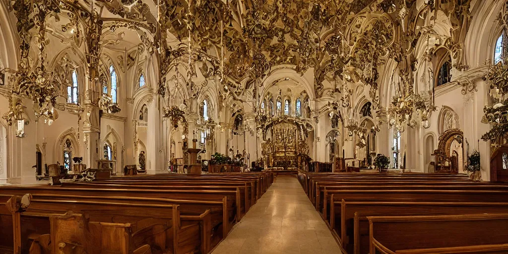 Image similar to the interior of an elegant church filled with detailed ornaments, fantasy, intricate, elegant, modern photo