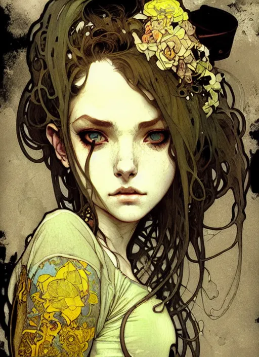 Image similar to highly detailed portrait of a moody sewerpunk young adult lady by krenz cushart, by artem demura, by alphonse mucha, by kaethe butcher, gradient yellow, black, brown and cyan color scheme, grunge aesthetic!!! ( ( graffiti tag city background ) )