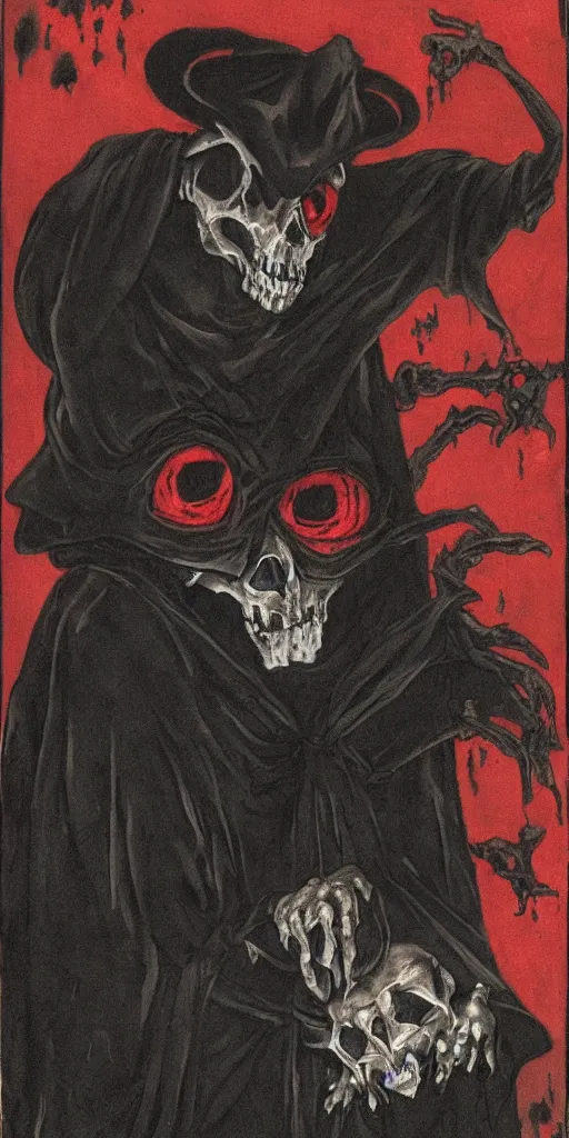 Image similar to a ghostly rat with skull face and glowing red eyes wearing black tattered robes and holding two blue flames