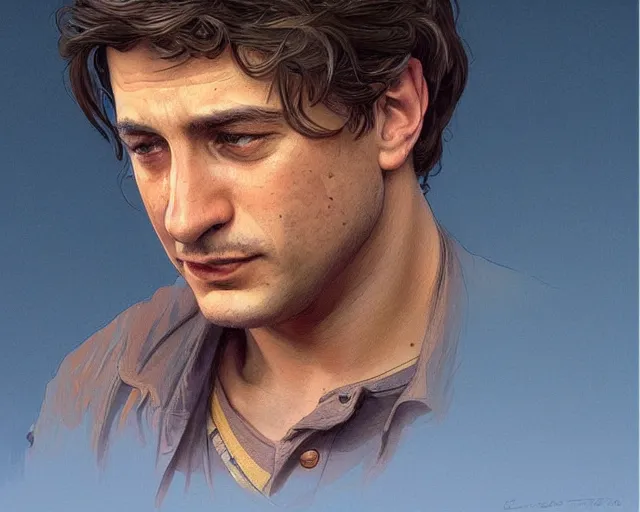 Image similar to portrait of a young robert de niro young in th 8 0's, intricate, highly detailed, digital painting, artstation, concept art, sharp focus, illustration, art by artgerm and greg rutkowski and alphonse mucha