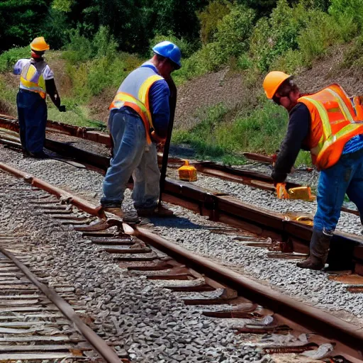 Prompt: working on train rails, hit and sunny day, very tired workers, slave, amazing deep photo, large, cool colors