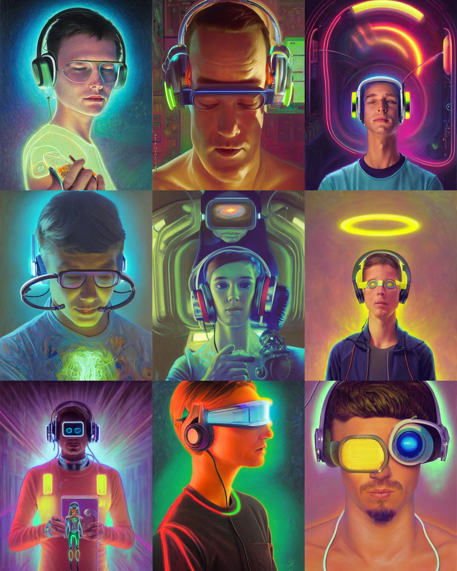 Image similar to future coder, glowing pencil thin visor over eyes and sleek neon headphones desaturated painting by donato giancola, dean cornwall, rhads, tom whalen, alex grey, alphonse mucha, astronaut cyberpunk electric fashion photography