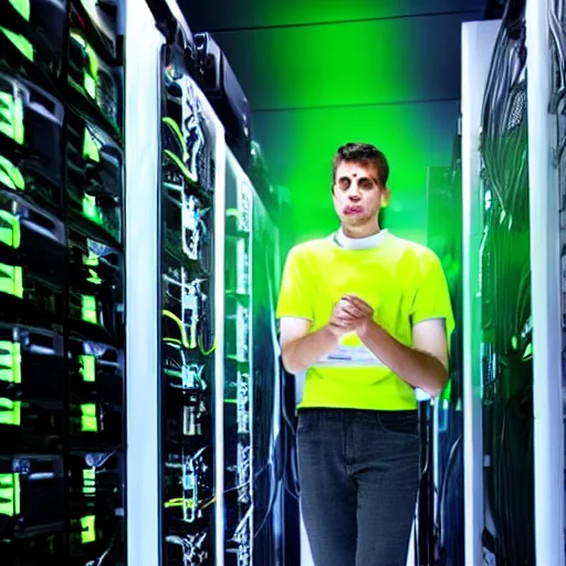 Image similar to man standing in Computer server room on fire with green eyes 8k resolution stunning