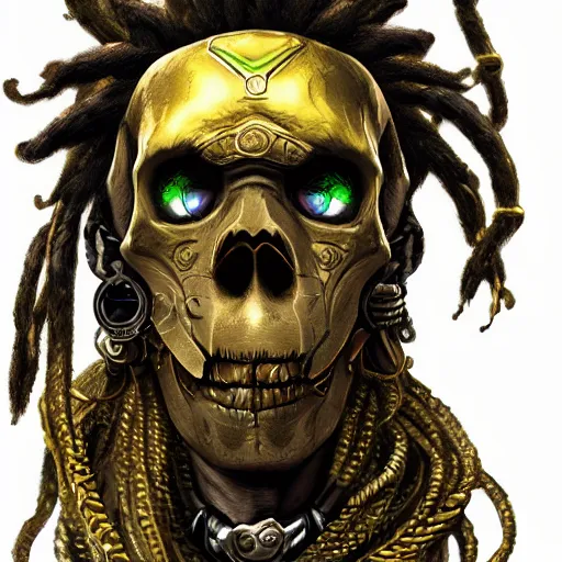 Image similar to a golden skull face monkey warrior with dreadlocks and emeralds in his forehead, Apex Legends character digital illustration portrait design, by android jones, detailed, cinematic lighting, wide angle action dynamic portrait