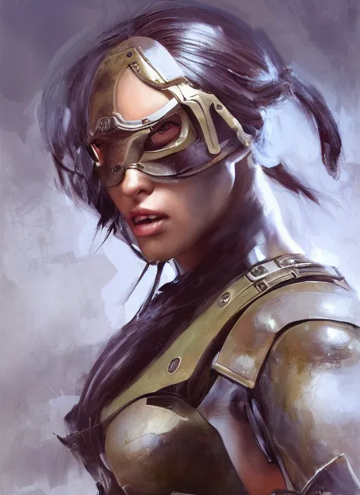 Image similar to a professionally painting of an attractive young female, partially dressed in military armor, olive skin, long dark hair, beautiful bone structure, perfectly proportioned, symmetrical facial features, intricate, elegant, heroic pose, digital painting, concept art, illustration, sketch-like, sharp focus, finely detailed, from Metal Gear, by Ruan Jia and Mandy Jurgens and William-Adolphe Bouguerea