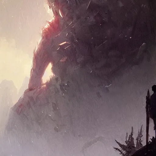 Prompt: giant looming over a human, art by greg rutkowski